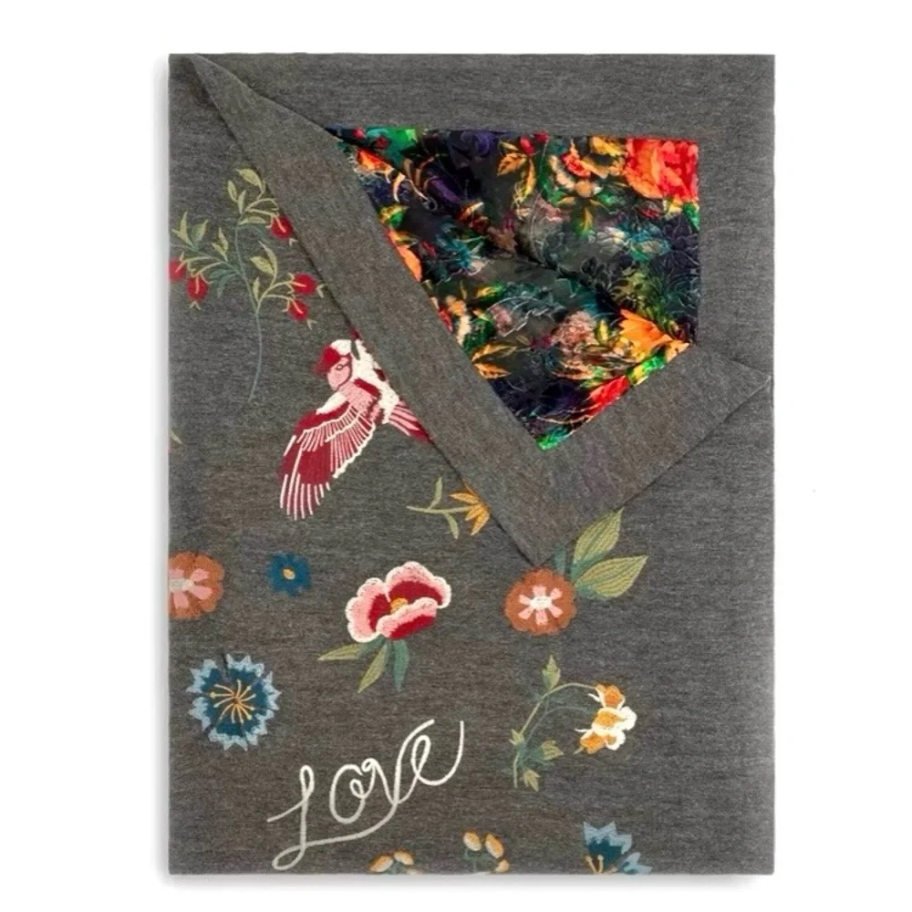 NEW Johnny Was Rana Embroidered Throw Blanket Floral Bird Love Gray 50